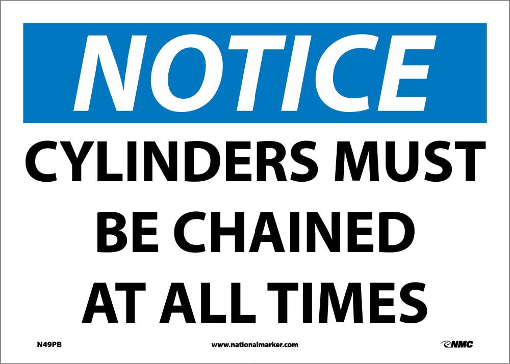 Notice Cylinders Must Be Chained At All Times Sign-eSafety Supplies, Inc
