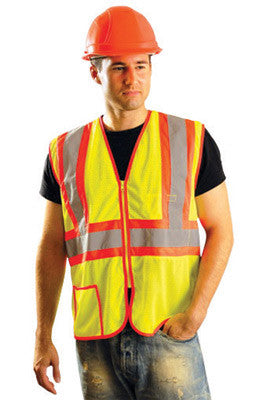 OccuNomix 3X Hi-Viz Yellow Classic Light Weight Polyester Mesh Class 2 Two-Tone Vest With Front Zipper Closure And 2" Silver Reflective Tape Backed by Contrasting Trim And 2 Pockets