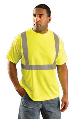 OccuNomix Small Hi-Viz Yellow Classic Birdseye Light Weight Wicking Polyester Class 2 Standard Short Sleeve T-Shirt With 2" Silver Reflective Tape And 1 Pocket-eSafety Supplies, Inc