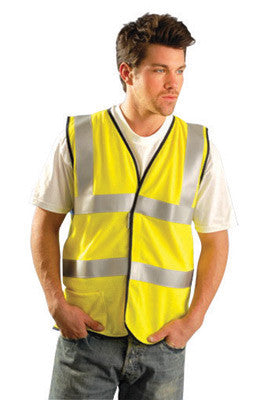 OccuNomix Medium Hi-Viz Yellow OccuLux Premium Flame Resistant Modacrylic Mesh Class 2 Dual Stripe Vest With Front Hook And Loop Closure, 3M Scotchlite 2" Silver Reflective Tape,