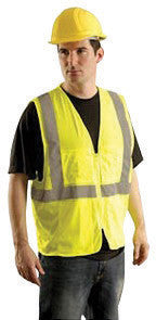 OccuNomix Small - Medium Hi-Viz Yellow OccuLux Classic Economy Light Weight Polyester Mesh Class 2 Surveyor's Vest With Front Zipper Closure And 3M Scotchlite 2" Silver Reflective Tape And 12 Pockets