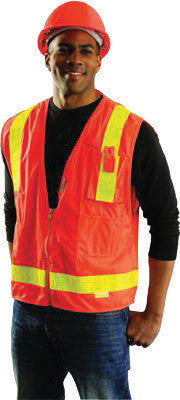 OccuNomix Medium Orange OccuLux L'Orange Classic Premium Light Weight Solid Polyester Tricot Mesh Class 2 Vest With Front Snap Closure And 3M Scotchlite 2" Reflective Gloss Tape And 12 Pockets