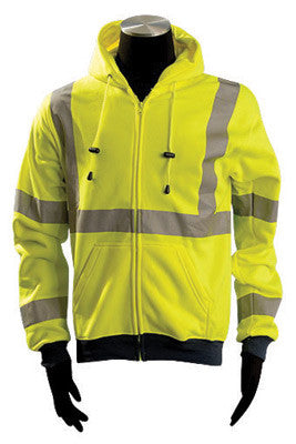 OccuNomix Medium Hi-Viz Yellow OccuLux Premium 9.4 oz Wicking Polyester Class 3 Hoodie Sweatshirt With Front Zipper Closure, 3M Scotchlite 2" Reflective Tape, Whisk-It Treatment, Elastic-eSafety Supplies, Inc