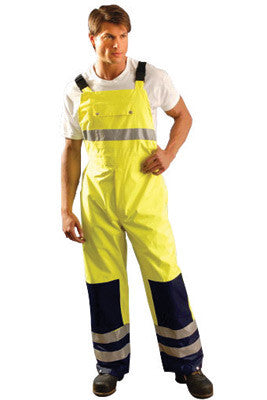 OccuNomix 3X 48" Hi-Viz Yellow, Blue And Silver Premium PU Coated Polyester Breathable Rain Bib Pants With Side Snap Closure, 3M Scotchlite Reflective Stripe And Zip Roll-Away Hood-eSafety Supplies, Inc