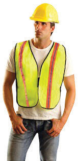 OccuNomix 4X Hi-Viz Yellow OccuLux Value Economy Light Weight Polyester Mesh Two-Tone Vest With Front Hook And Loop Closure, 1 3/8" Silver Gloss Tape On Orange Trim, Side Elastic Straps And 1 Pocket-eSafety Supplies, Inc