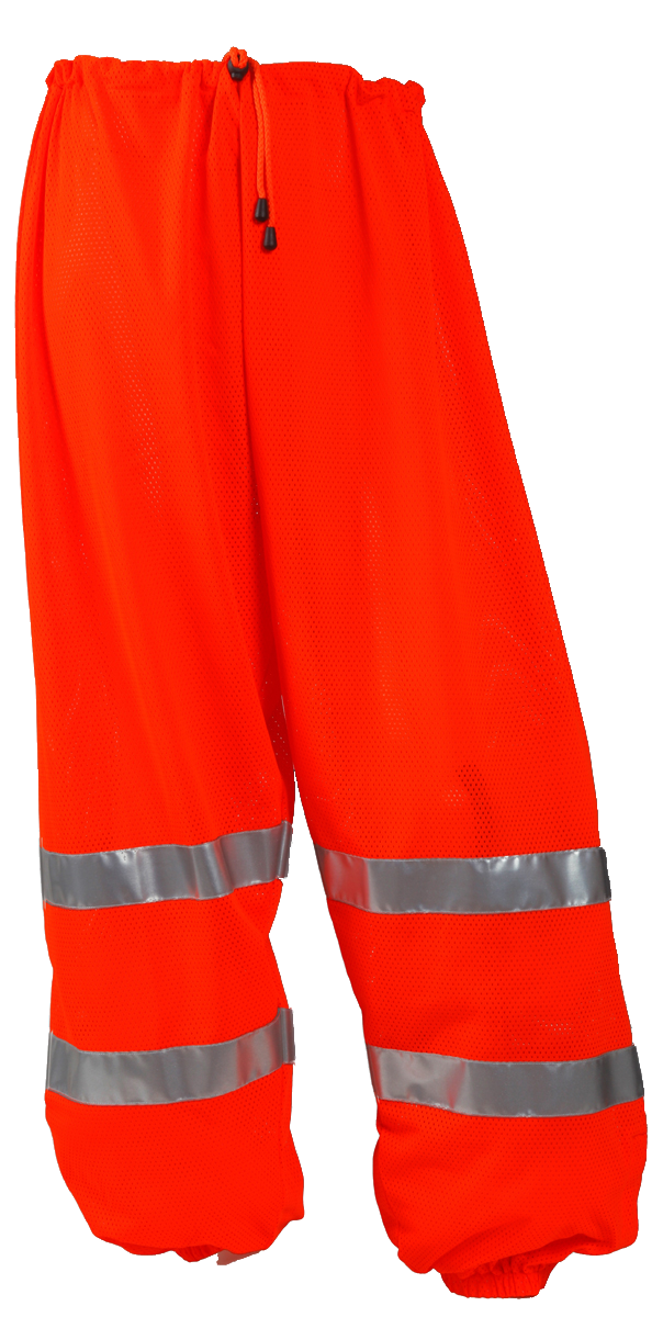 Class E Pants - Fluorescent Orange-Red - Polyester Mesh - 2 Side Pass Through Openings - 1 Exterior Pocket - Silver Reflective Tape-eSafety Supplies, Inc