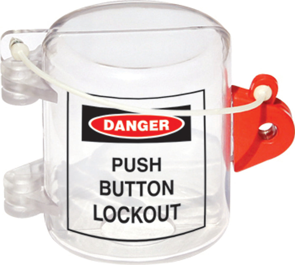 Oversize Push Button Lockout Is Made From Durable Plastic (Acrylic) And Measures 3.5"H X 5"L X 3.2"W, With A 1 4/5" Diameter Hole In The Center. The Lockout Accommodates 1 Padlock With A Maximum Shackle Diameter Of 1/4". - PB02-eSafety Supplies, Inc