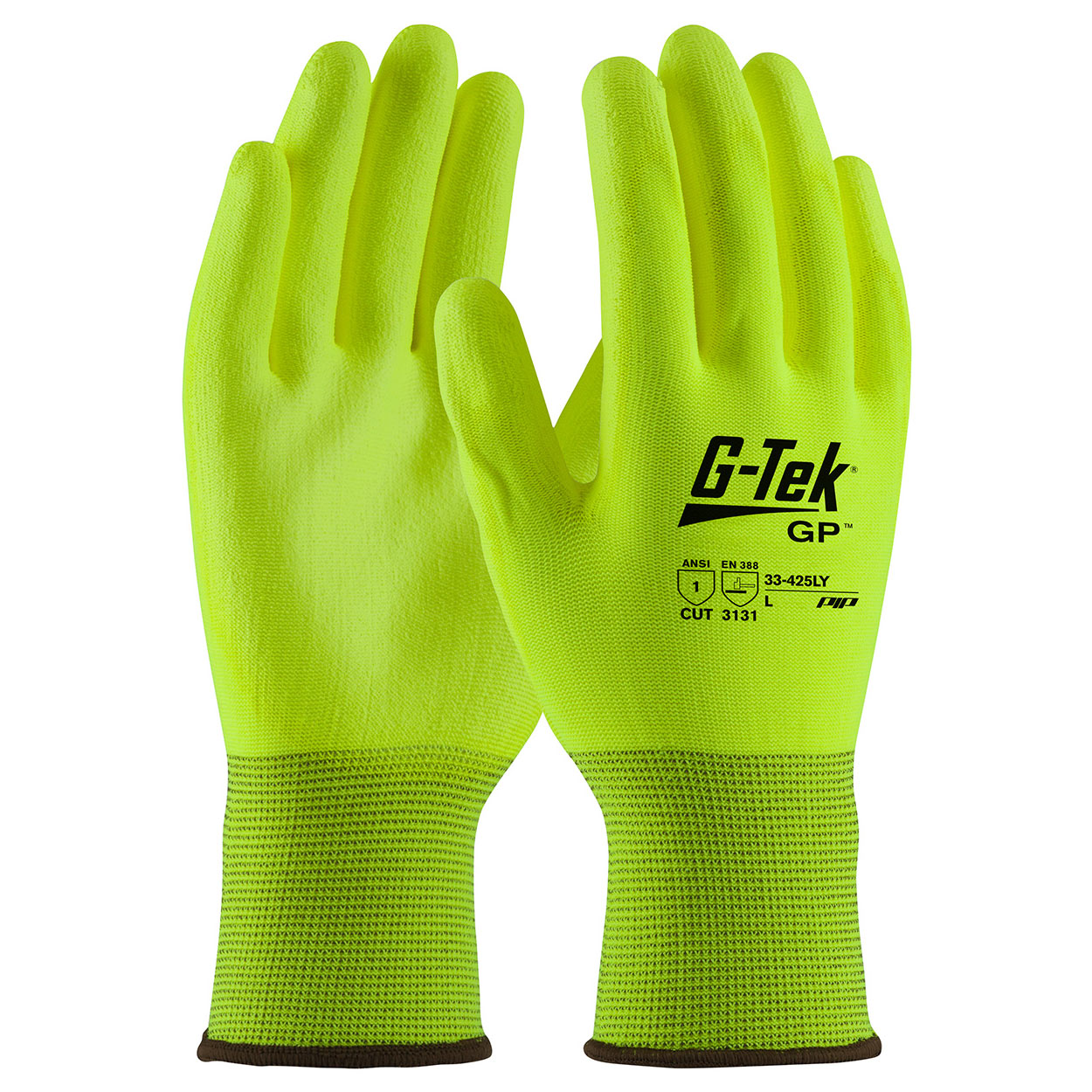 PIP 33-425LY/OR G-Tek GP Hi-Vis Seamless Knit Polyester Gloves - Polyurethane Coated Smooth Grip on Palm & Fingers (DZ)-eSafety Supplies, Inc