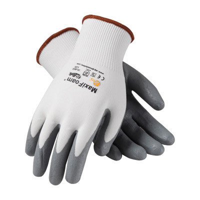 Protective Industrial Products Small MaxiFoam By ATG 15 Gauge Abrasion Resistant Gray Foam Nitrile Palm And Fingertip Coated Work Gloves With White Seamless Knit Nylon Liner And Continuous Knit Cuff-eSafety Supplies, Inc