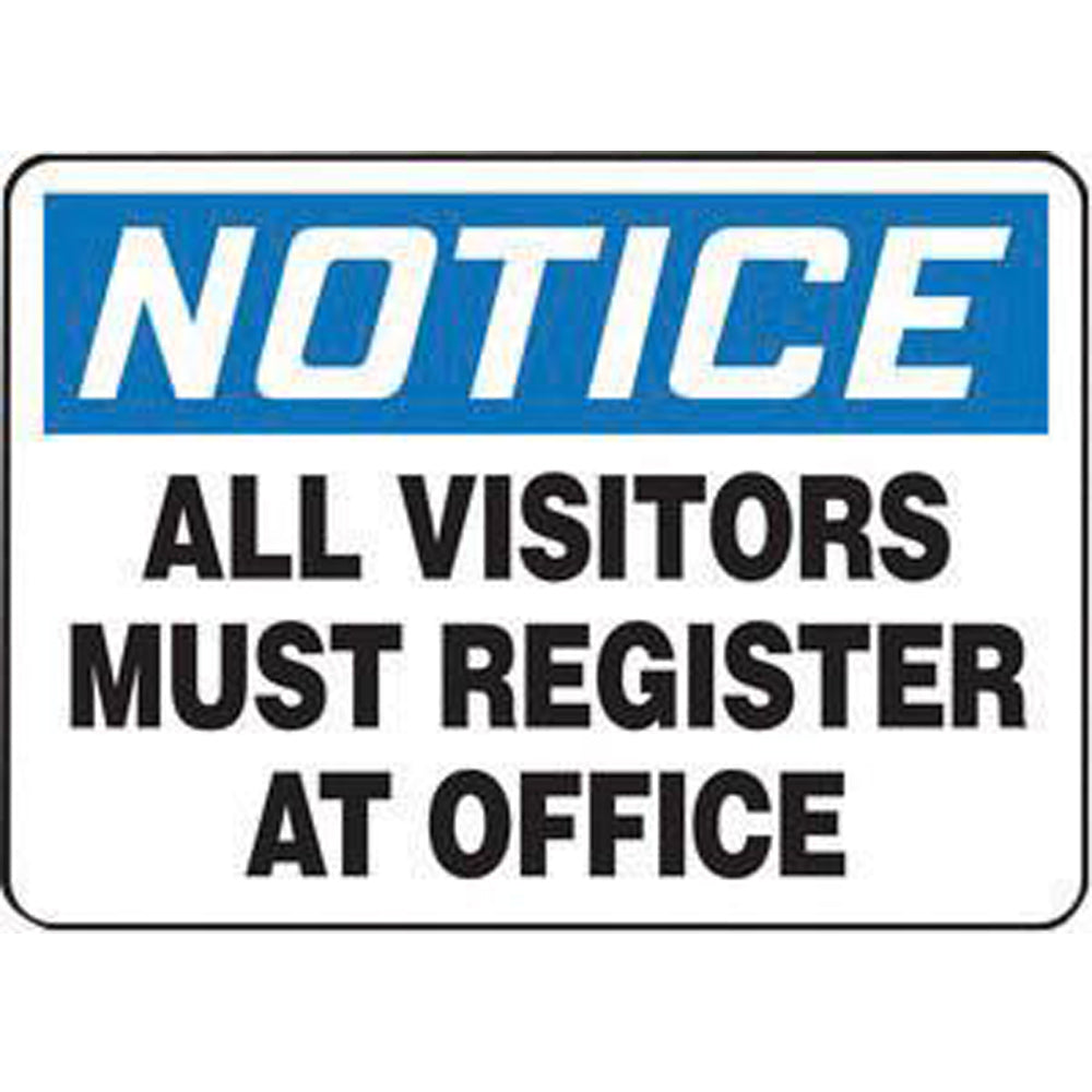 Accuform Signs 7" X 10" Black, Blue And White 0.055" Plastic Admittance And Exit Sign "NOTICE ALL VISITORS MUST REGISTER AT OFFICE" With 3/16" Mounting Hole And Round Corner-eSafety Supplies, Inc