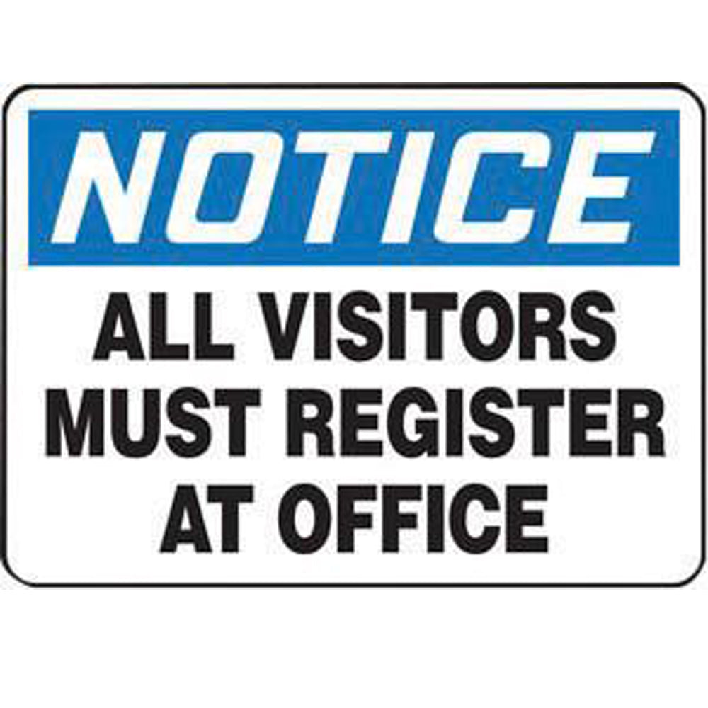 Accuform Signs 10" X 14" Black, Blue And White 0.055" Plastic Admittance And Exit Sign "NOTICE ALL VISITORS MUST REGISTER AT OFFICE" With 3/16" Mounting Hole And Round Corner-eSafety Supplies, Inc