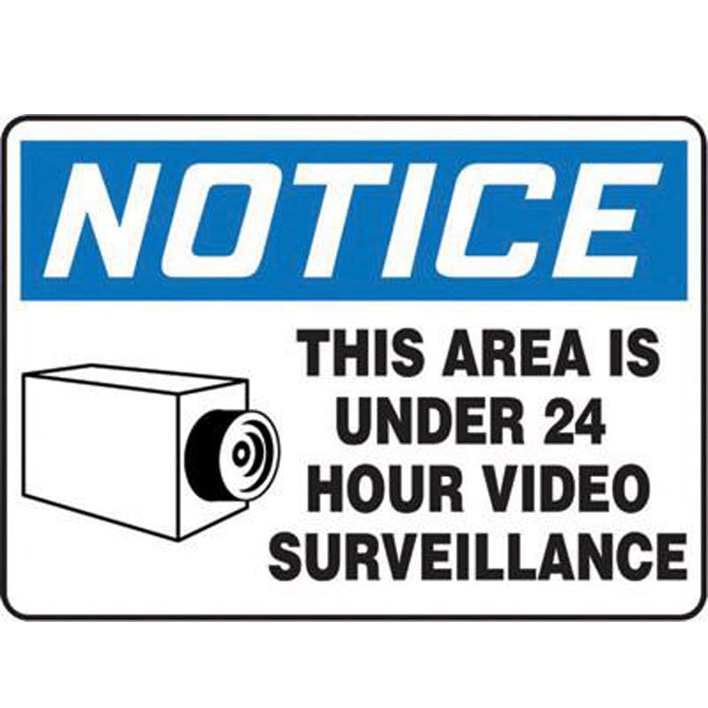 Accuform Signs 7" X 10" Black, Blue And White 0.040" Aluminum Admittance And Exit Sign "NOTICE THIS AREA IS UNDER 24 HOUR VIDEO SURVEILLANCE " With Round Corner-eSafety Supplies, Inc