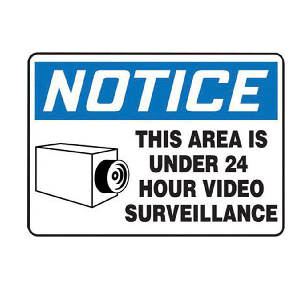Accuform Signs 7" X 10" Black, Blue And White 0.055" Plastic Admittance And Exit Sign "NOTICE THIS AREA IS UNDER 24 HOUR VIDEO SURVEILLANCE " With 3/16" Mounting Hole And Round Corner-eSafety Supplies, Inc