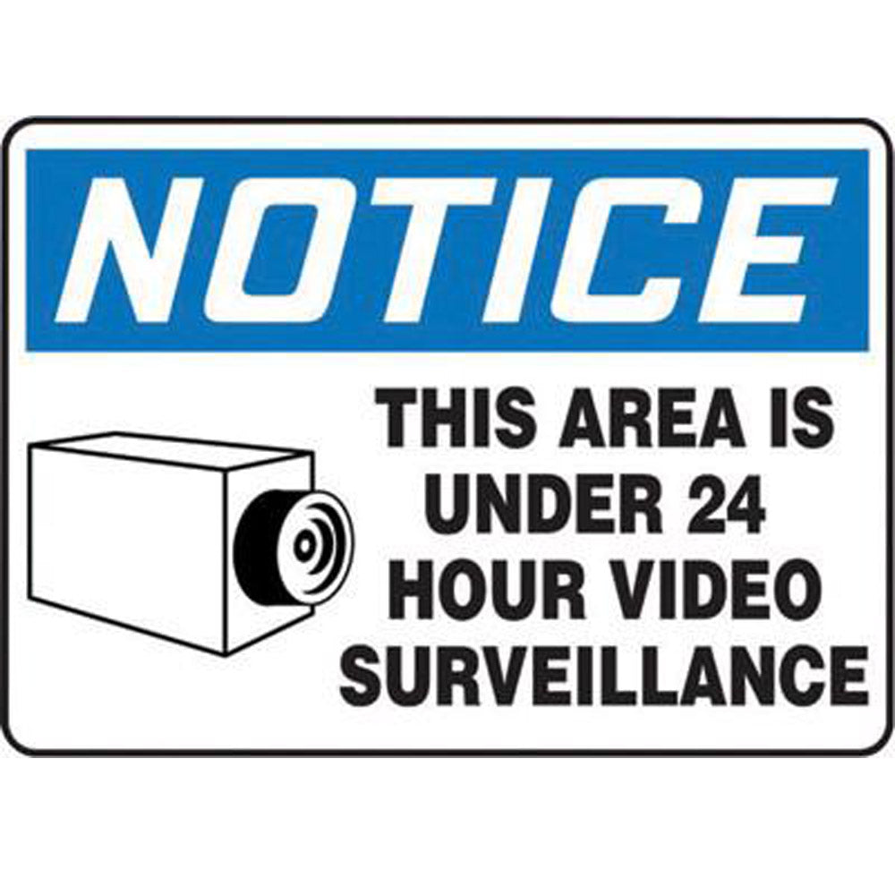 Accuform Signs 10" X 14" Black, Blue And White 4 mils Adhesive Vinyl Admittance And Exit Sign "NOTICE THIS AREA IS UNDER 24 HOUR VIDEO SURVEILLANCE"-eSafety Supplies, Inc