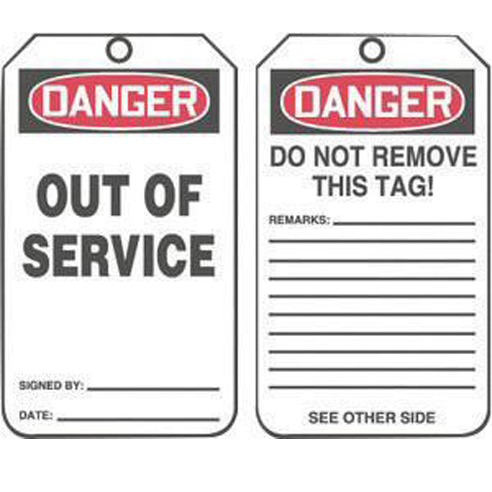 Accuform Signs 5 3/4" X 3 1/4" Red, Black And White 10 mil PF-Cardstock English Safety Tag "DANGER OUT OF SERVICE/DANGER DO NOT REMOVE THIS TAG! REMARKS …" With 3/8" Plain Hole And Standard Back B-eSafety Supplies, Inc