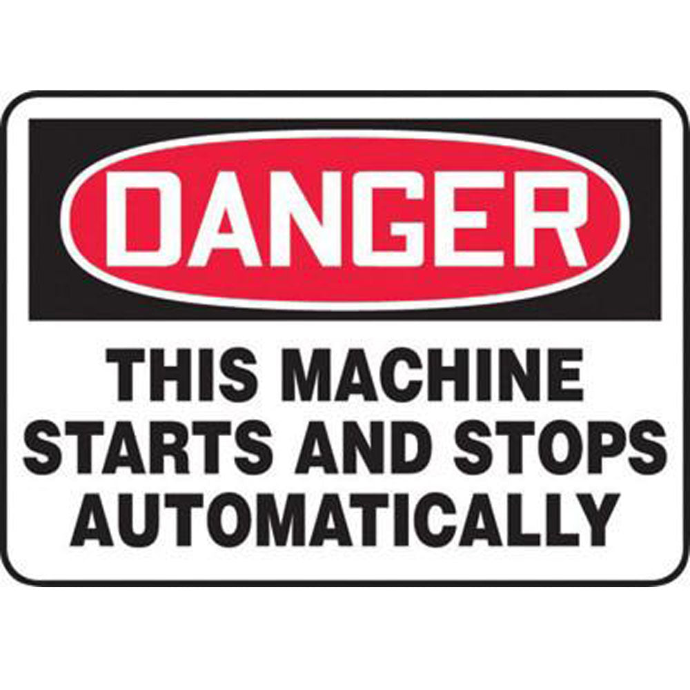 Accuform Signs 7" X 10" Black, Red And White 0.040" Aluminum Equipment Machinery And Operations Safety Sign "DANGER THIS MACHINE STARTS AND STOPS AUTOMATICALLY" With Round Corner-eSafety Supplies, Inc