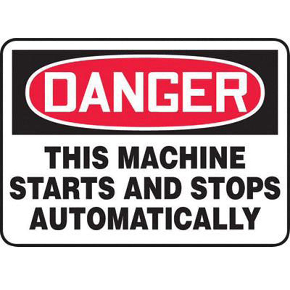 Accuform Signs 7" X 10" Black, Red And White 4 mils Adhesive Vinyl Equipment Machinery And Operations Safety Sign "DANGER THIS MACHINE STARTS AND STOPS AUTOMATICALLY"-eSafety Supplies, Inc