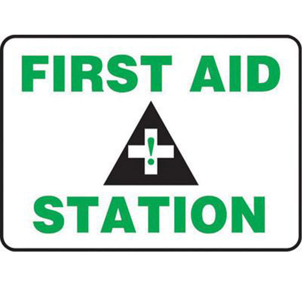 Accuform Signs 7" X 10" Black, Green And White 0.055" Plastic First Aid Sign "FIRST AID STATION " With 3/16" Mounting Hole And Round Corner-eSafety Supplies, Inc