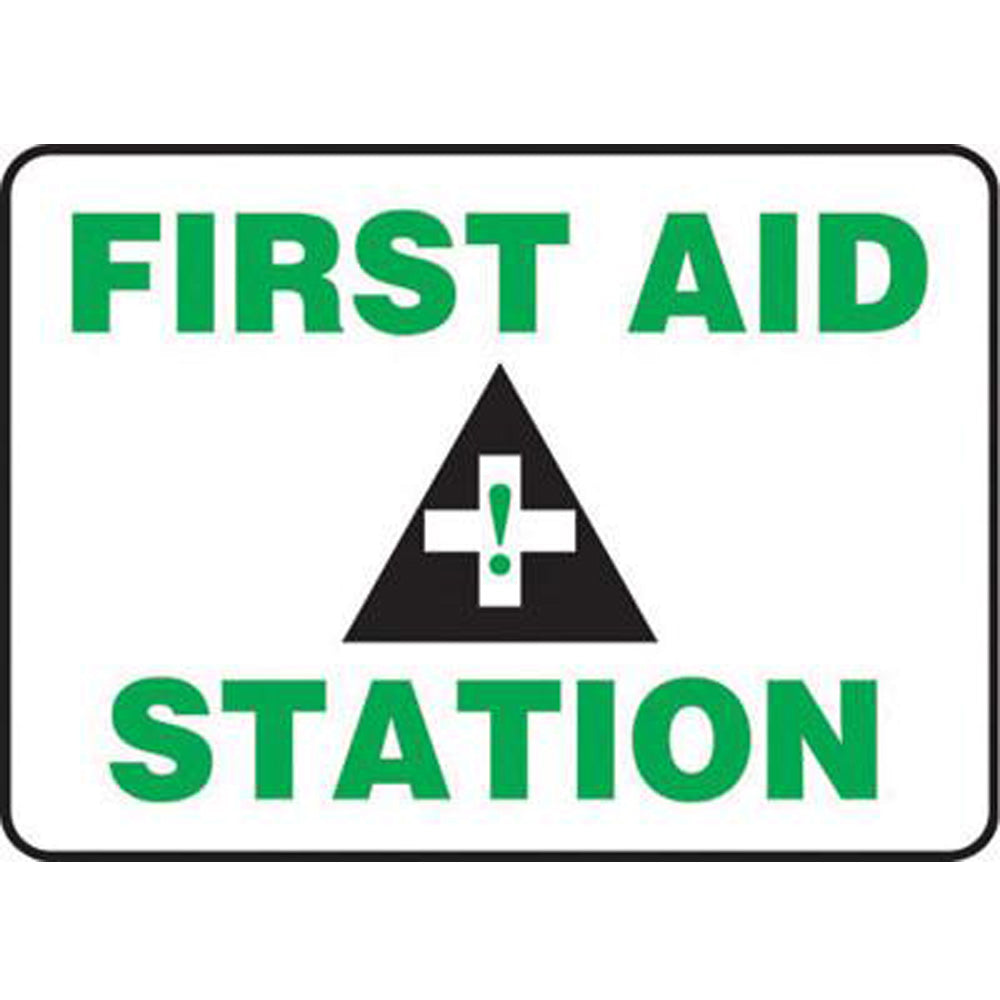 Accuform Signs 10" X 14" Black, Green And White 4 mils Adhesive Vinyl First Aid Sign "FIRST AID STATION "-eSafety Supplies, Inc