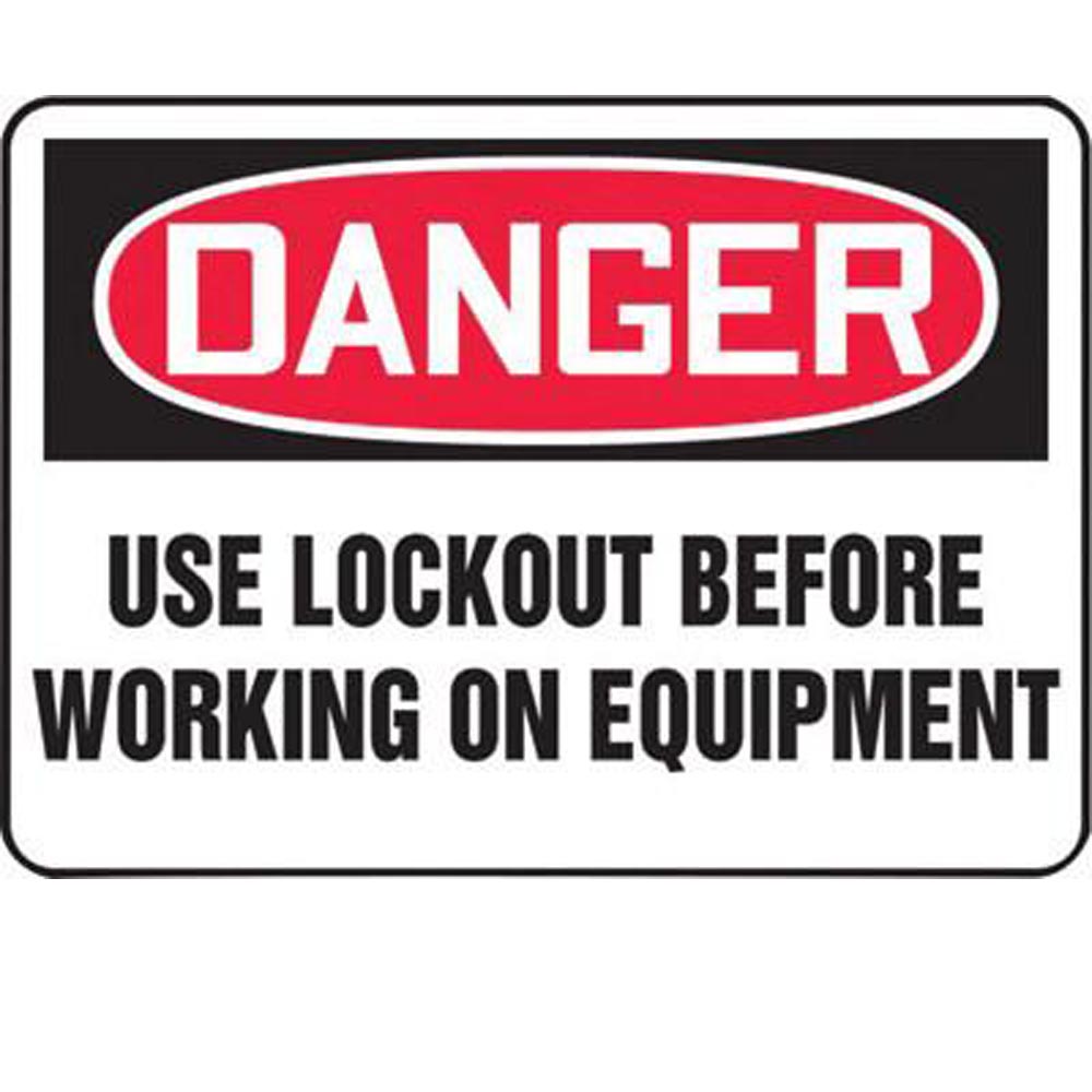 Accuform Signs 7" X 10" Black, Red And White 0.055" Plastic Lockout/Tagout Sign "DANGER USE LOCKOUT BEFORE WORKING ON EQUIPMENT" With 3/16" Mounting Hole And Round Corner-eSafety Supplies, Inc