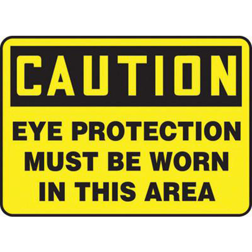 Accuform Signs 7" X 10" Black And Yellow 0.040" Aluminum PPE Sign "CAUTION EYE PROTECTION MUST BE WORN IN THIS AREA" With Round Corner-eSafety Supplies, Inc