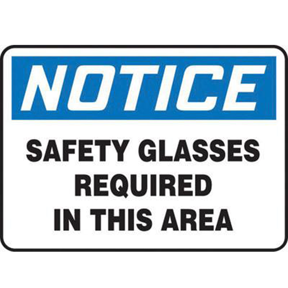 Accuform Signs 10" X 14" Black, Blue And White 4 mils Adhesive Vinyl PPE Sign "NOTICE SAFETY GLASSES REQUIRED IN THIS AREA"