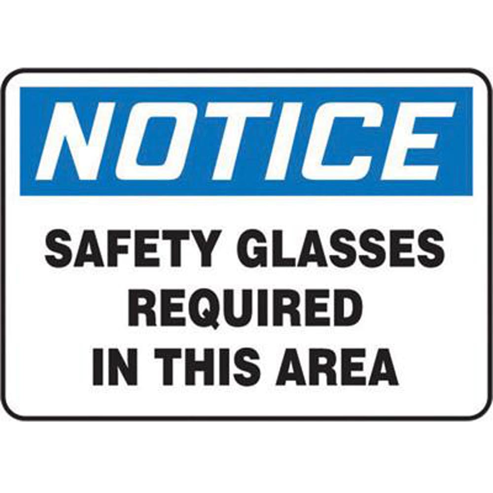 Accuform Signs 7" X 10" Black, Blue And White 0.040" Aluminum PPE Sign "NOTICE SAFETY GLASSES REQUIRED IN THIS AREA" With Round Corner-eSafety Supplies, Inc