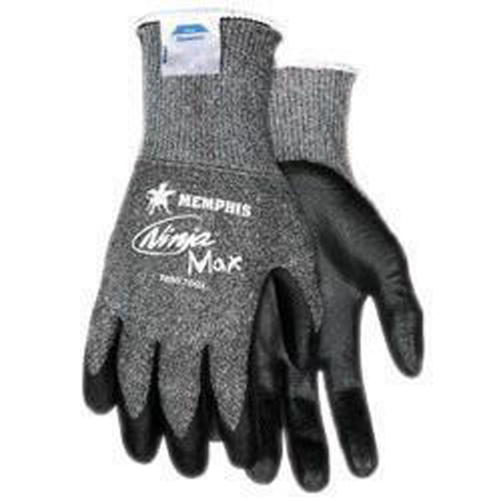 Memphis Small Ninja Max 10 Gauge Cut Resistant Black Bi-Polymer Palm And Fingertip Coated Work Gloves With Dyneema And Lycra Liner And Knit Wrist