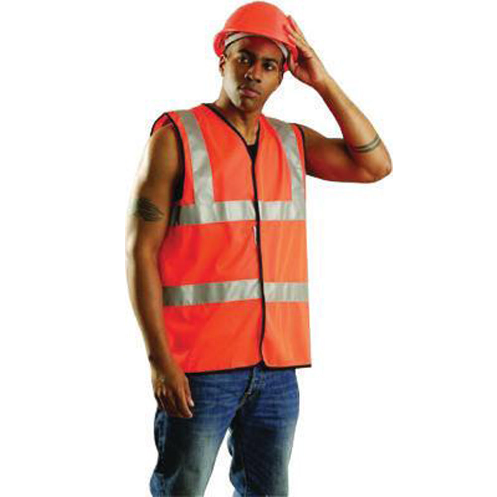 OccuNomix Large Hi-Viz Orange OccuLux Premium Light Weight Solid Cool Polyester Tricot Class 2 Dual Stripe Full Sleeveless Traffic Vest With Front Hook And Loop Closure And-eSafety Supplies, Inc