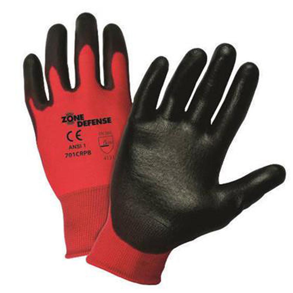 West Chester 2X Zone Defense Cut And Abrasion Resistant Black Polyurethane Dipped Palm Coated Work Gloves With Red Liner And Elastic Knit Wrist-eSafety Supplies, Inc