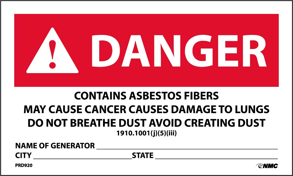 Danger Contains Asbestos Fibers May Cause Cancer Causes Damage To Lungs Do Not Breathe Dust Avoid Creating Dust, Name Of Generator,City, State, 3X5, Ps Paper, 500/Rl - PRD920-eSafety Supplies, Inc