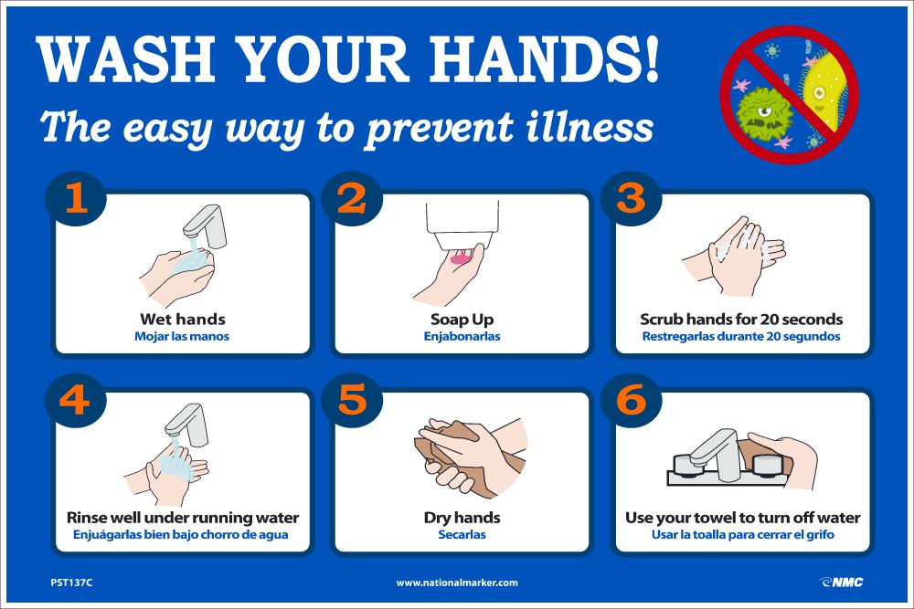 WASH YOUR HANDS POSTER 12" X 18" Unrippable Vinyl-eSafety Supplies, Inc