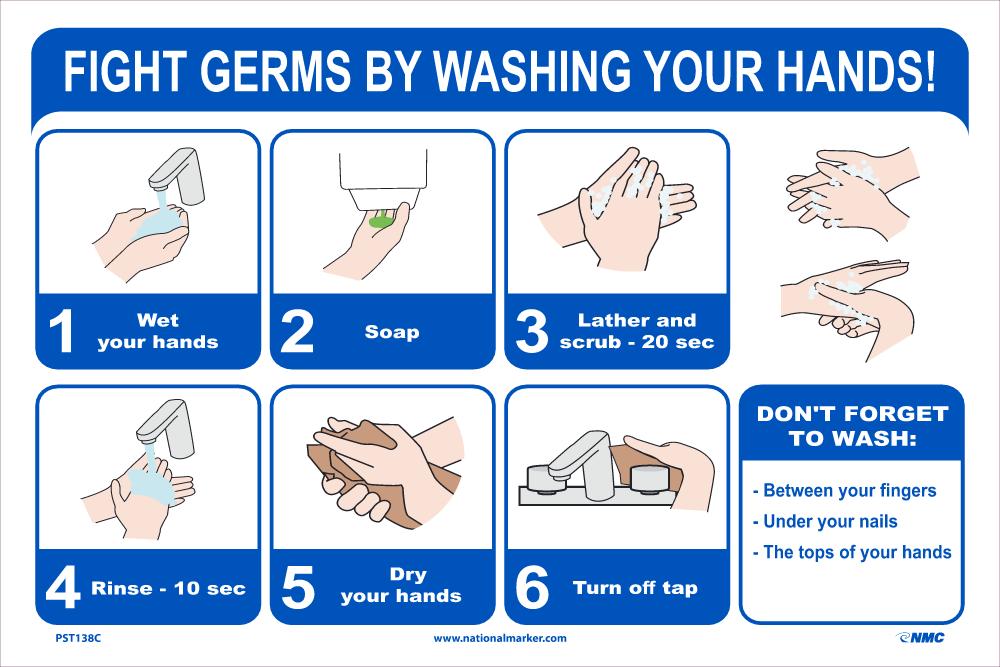 FIGHT GERMS BY WASHING YOUR HANDS POSTER 12" X 18" Unrippable Vinyl-eSafety Supplies, Inc