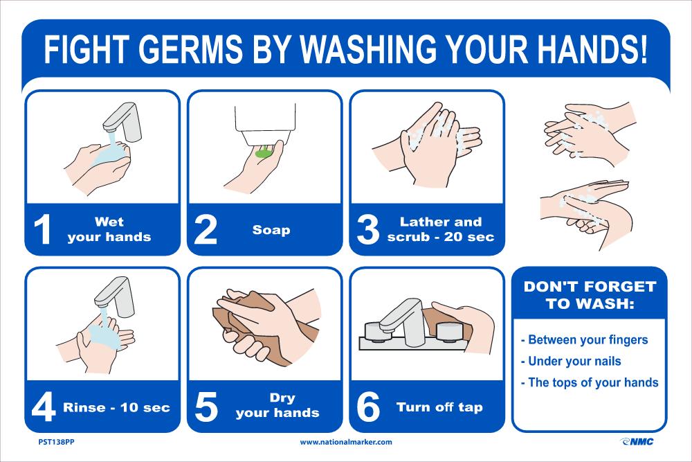 FIGHT GERMS BY WASHING YOUR HANDS POSTER 12" X 18" Paper-eSafety Supplies, Inc