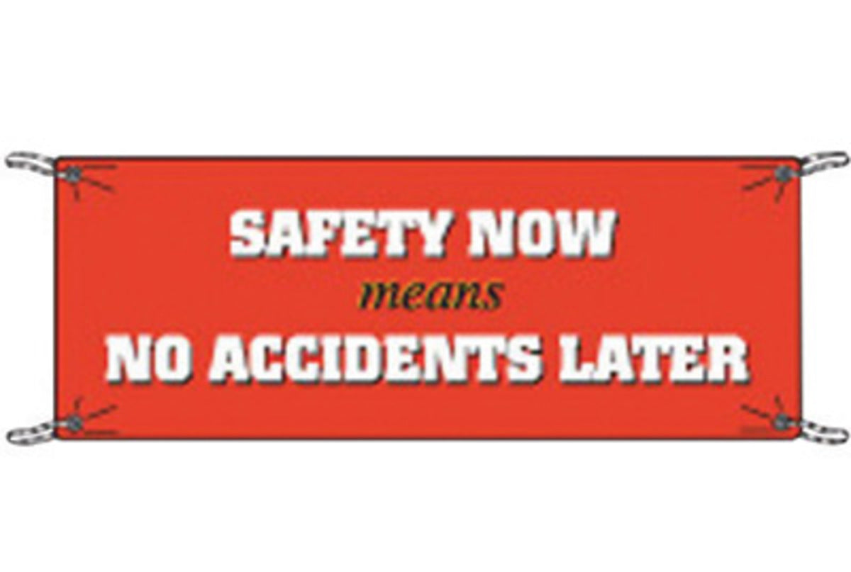Brady® 3.5' X 10' X .055" Black/White On Red .0551" Polyethylene Safety Banner "SAFETY NOW MEANS NO ACCIDENTS LATER"-eSafety Supplies, Inc
