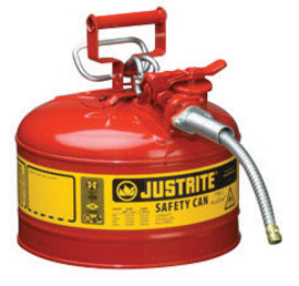 Justrite® 2 1/2 Gallon Red AccuFlow™ Galvanized Steel Type II Vented Safety Can With Stainless Steel Flame Arrester And 1" Metal Hose (For Flammable Liquids)-eSafety Supplies, Inc