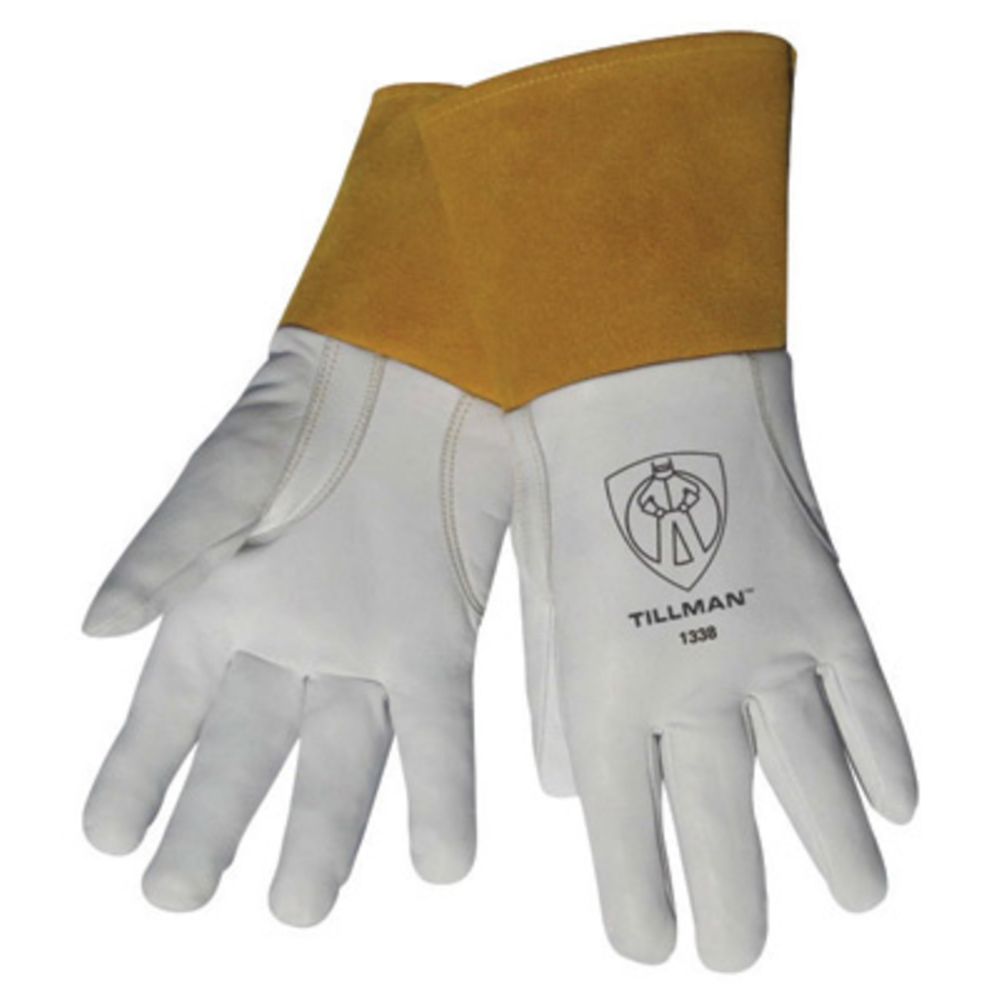 Tillman Pearl And Gold Top Grain Goatskin Leather Unlined TIG Welders Gloves With Glide Patch, 4" Cuff And Kevlar Thread Locking Stitch (Carded)
