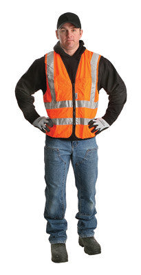 Radnor 2X Orange Lightweight Polyester Class 2 Surveyor's Vest With Zipper Front Closure, 2" 3M Scotchlite Reflective Tape Striping, Fully Dielectric, Non-Conductive Zipper And 12 Pockets