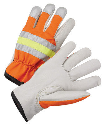 Radnor Large Gray And Hi-Viz Orange Grain Cowhide Unlined Drivers Gloves With Keystone Thumb, Slip-On Cuff And Color-Coded Hem-eSafety Supplies, Inc