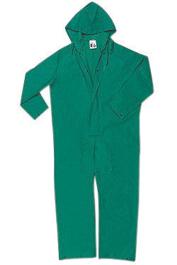 River City Garments Medium Green Dominator .4200 mm PVC And Polyester Flame Resistant Rain Coveralls With Double Storm Flap Over Front Zipper Closure And Attached Drawstring Hood-eSafety Supplies, Inc