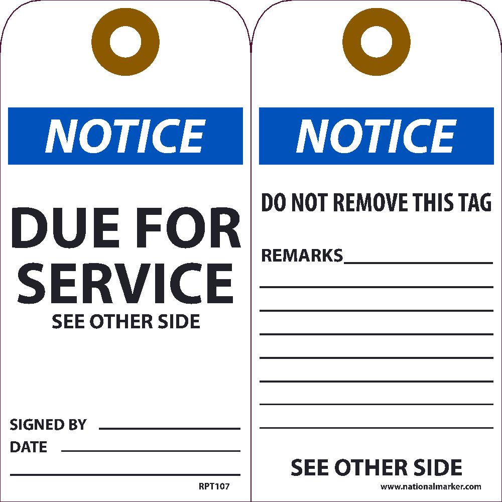 Notice Due For Service See Other Side Tag - Pack of 25-eSafety Supplies, Inc