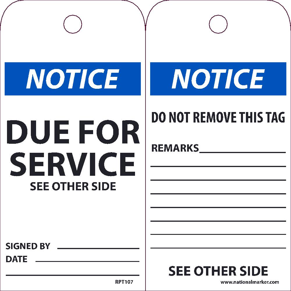 Notice Due For Service See Other Side Tag - Pack of 25-eSafety Supplies, Inc