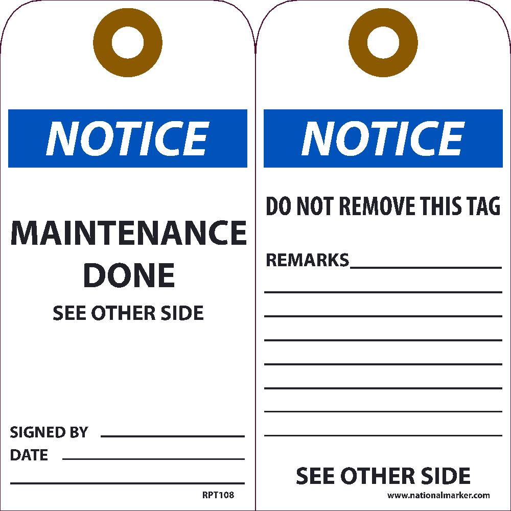 Notice Maintenance Done See Other Side Tag - Pack of 25-eSafety Supplies, Inc