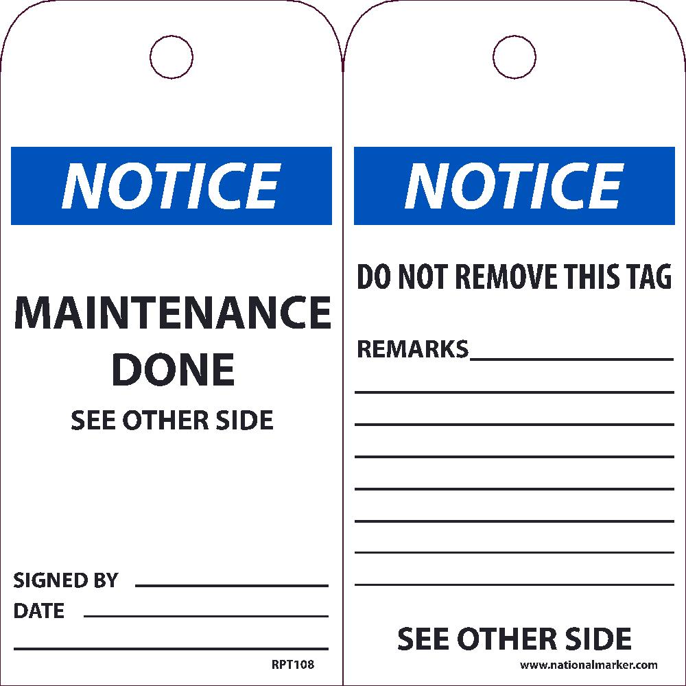 Notice Maintenance Done See Other Side Tag - Pack of 25-eSafety Supplies, Inc