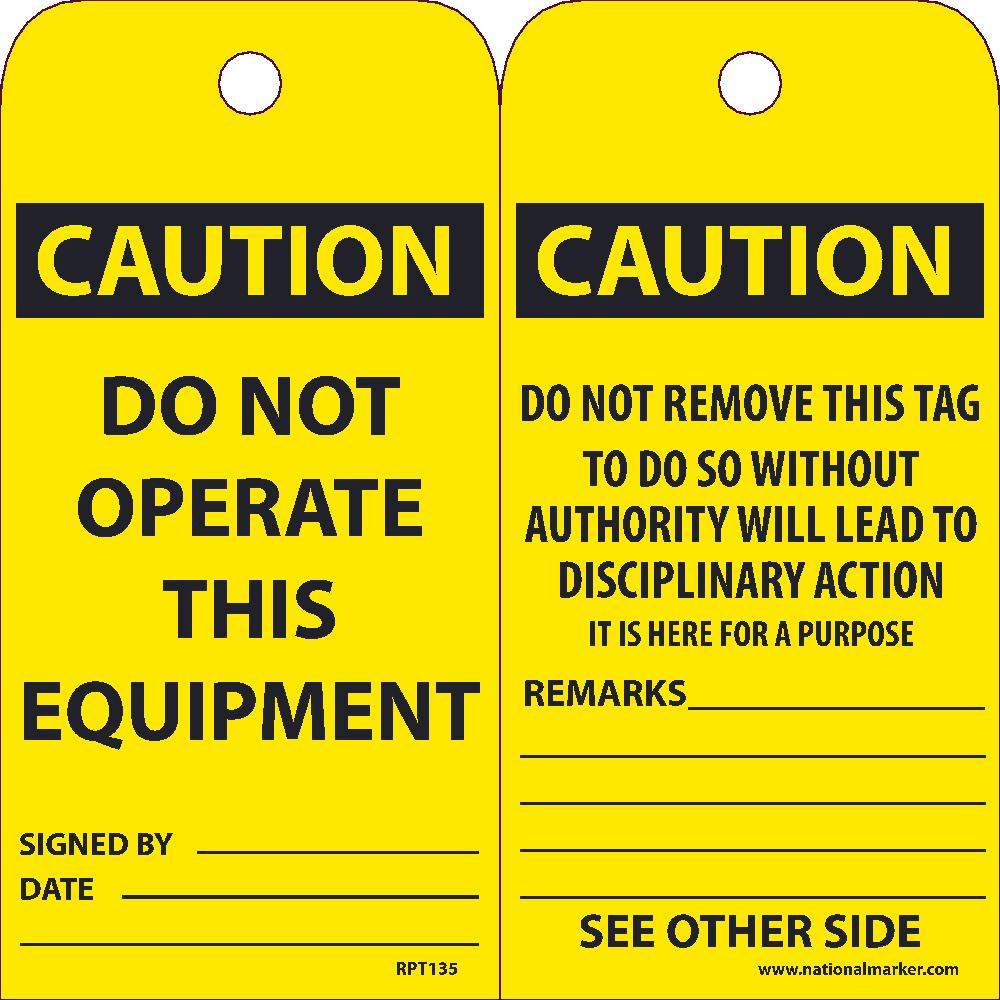 Caution Do Not Operate This Equipment Tag - Pack of 25-eSafety Supplies, Inc