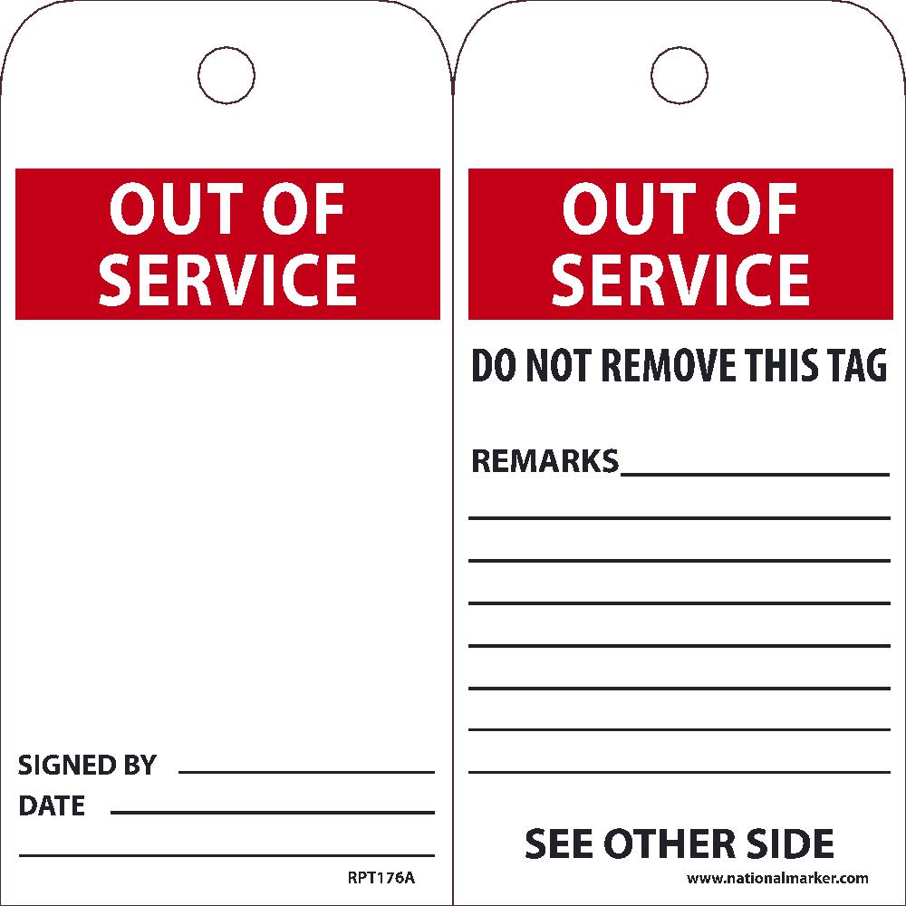 Tags, Out Of Service, 25Pk, 6X3, .015 Unrippable Vinyl With 1 Top Center Hole, Zip Ties Included - RPT176A-eSafety Supplies, Inc