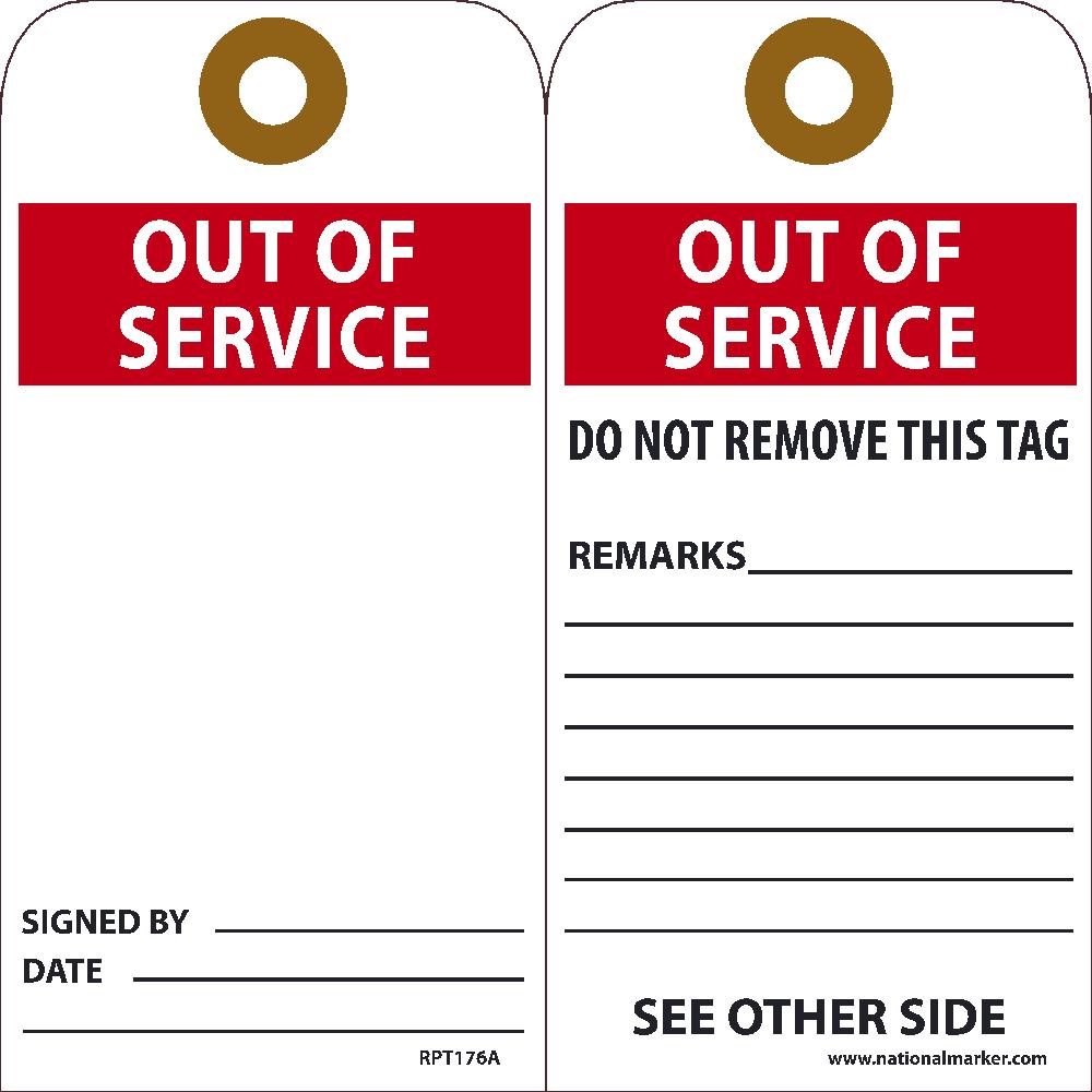 Tags, Out Of Service, 25Pk, 6X3, .015 Unrippable Vinyl With Grommet, Zip Ties Included - RPT176AG-eSafety Supplies, Inc
