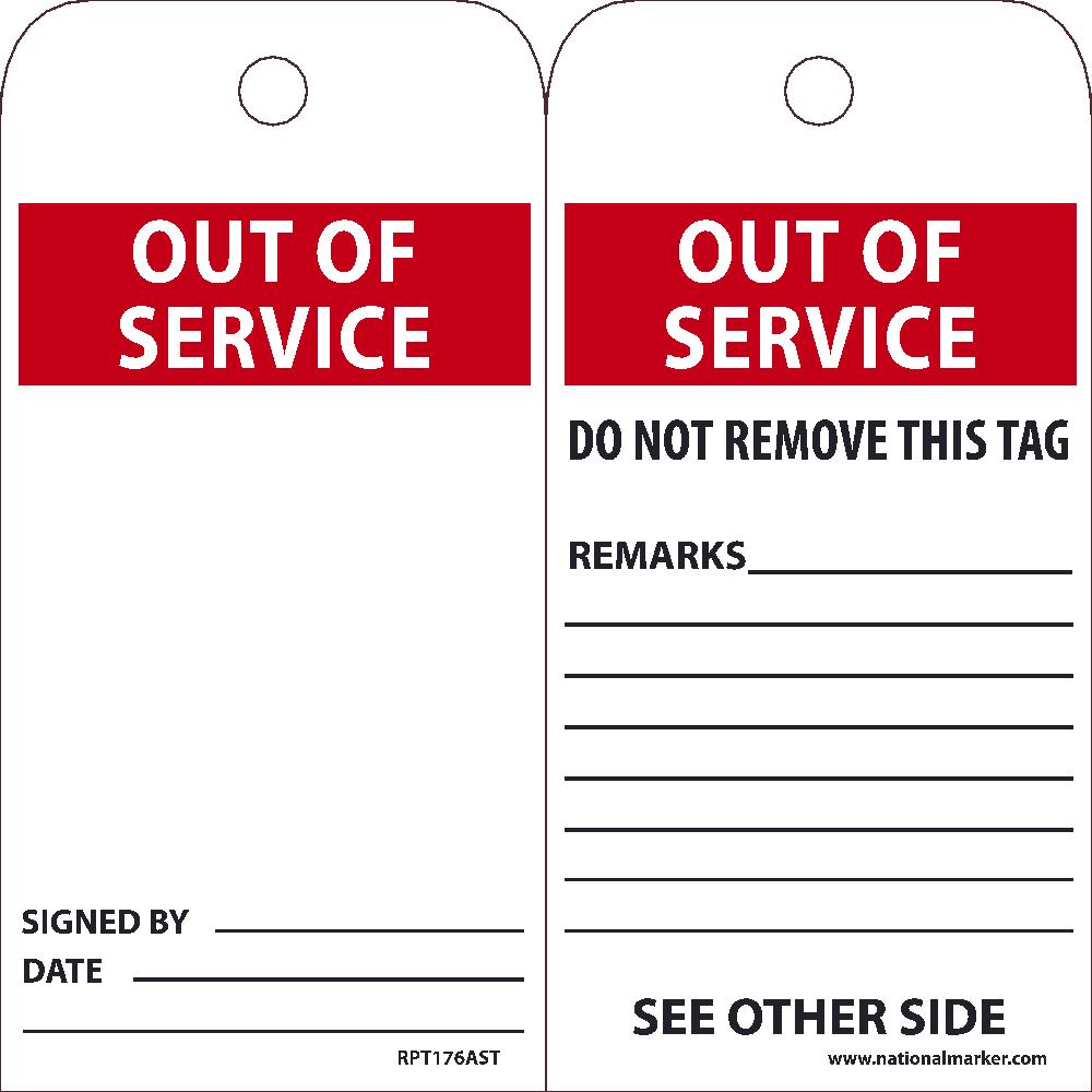Tags, Out Of Service, 25Pk, 6X3, .010 Synthetic Paper With 1 Top Center Hole, Zip Ties Included - RPT176AST-eSafety Supplies, Inc