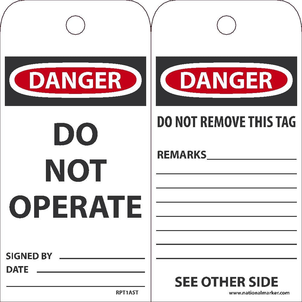 Tags, Danger Do Not Operate Tag, 25Pk, 6X3, .010 Synthetic Paper With 1 Top Center Hole, Zip Ties Included - RPT1AST-eSafety Supplies, Inc