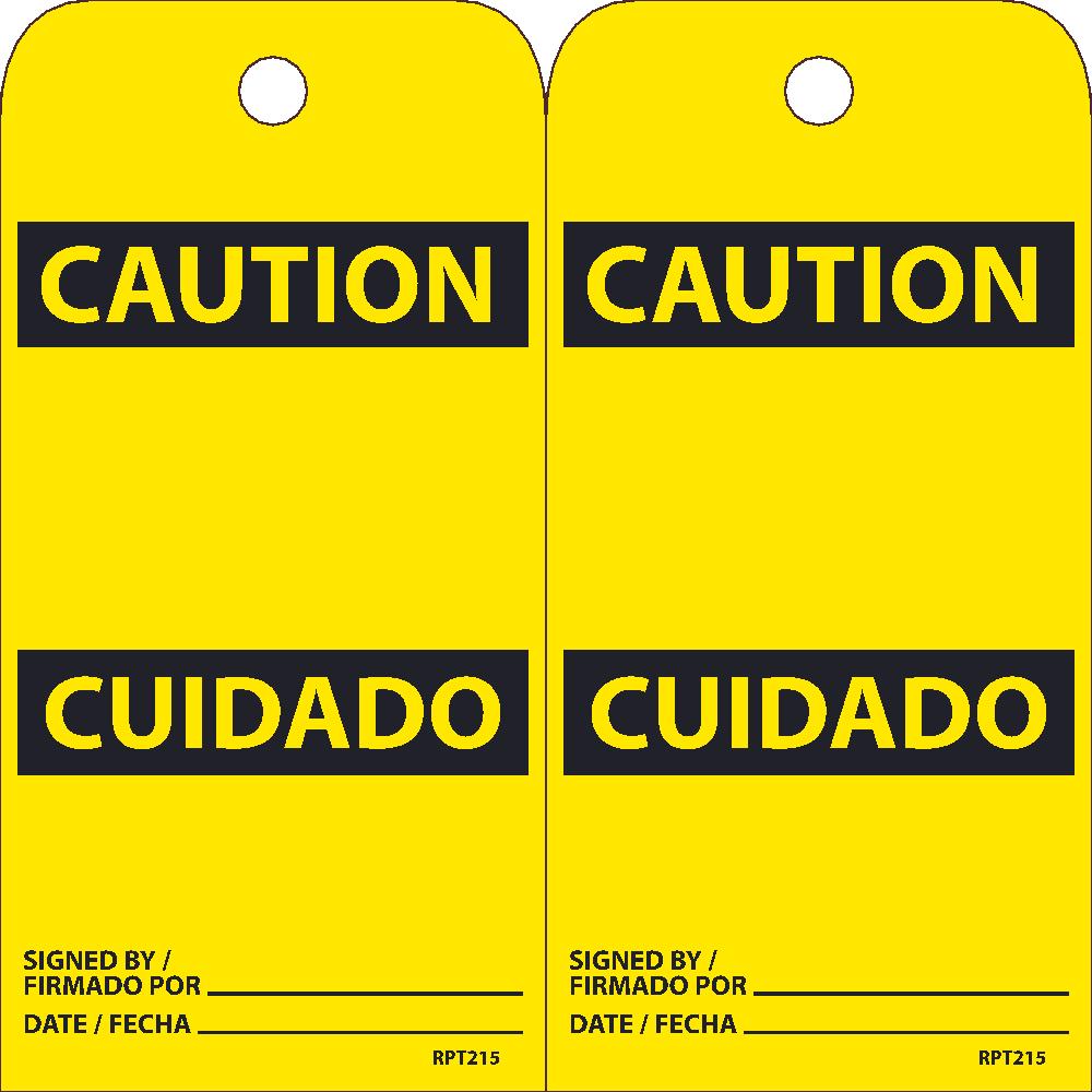 Tags, Caution, Blank, Bilingual, 25Pk, 6X3, .015 Unrippable Vinyl With 1 Top Center Hole, Zip Ties Included - RPT215-eSafety Supplies, Inc